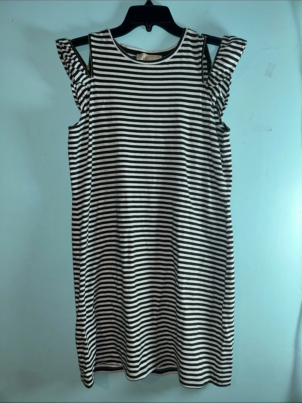 Michael Kors Black and White Striped Cold-Shoulder Dress